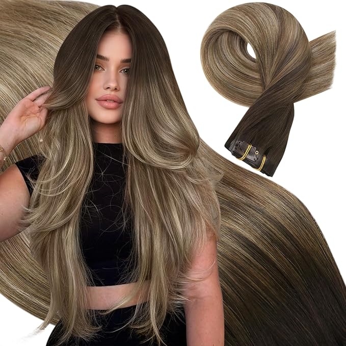 Moresoo Real Human Hair Clip in Extensions Dark Brown to Blonde Seamless Extensions Clip in Human Hair Balayage Dark Brown to Golden with Medium Blonde Pu Weft Invisible for Thickness 150g/7pcs 22in