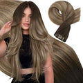 Moresoo Seamless Clip in Hair Extensions Human Hair Balayage Brown to Blonde Human Hair Extensions Clip ins Dark Brown to Light with Dark Honey Blonde Invisible for Women Thick 135g/7pcs 20in