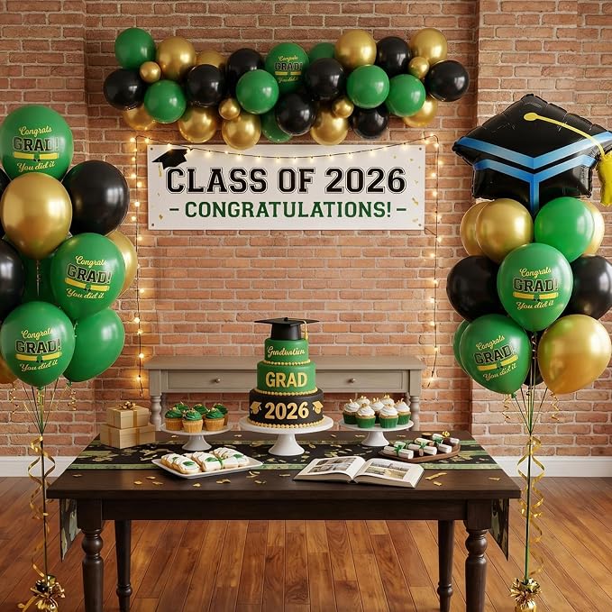 Green Black Graduation Balloons, Dark Green Gold Black Balloons - Image 4