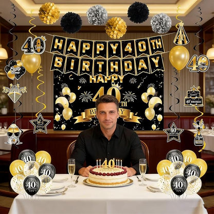 40th Birthday Decorations for Men Women | Pre-Strung Black Gold Happy Birthday - Image 3
