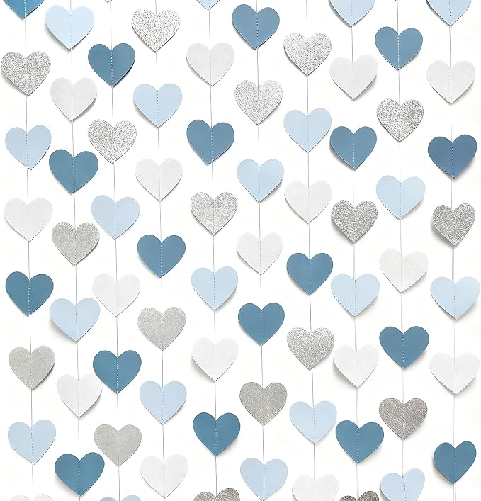 Silver Blue White Heart Party Decorations Dusty Blue Glitter Paper Silver White - Image 4