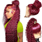 30 Inch Burgundy Wig Human Hair Deep Wave, Hidden Strap 360 Lace Front Wigs Human Hair Pre Plucked Pre Cut Glueless Drawstring, 99J Burgundy Curly Human Hair Wig for Women