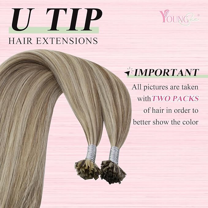 YoungSee U Tips Hair Extensions Real Human Hair Brown to Blonde U Tip Extensions for Women Light Brown Highlight Blonde Hair Extension U Tips 22In Ktip Hair Extension Human Hair Straight 50s/50g