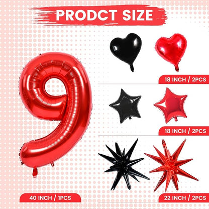 TONIFUL 9th Birthday Balloons Kit 40 Inch Red Large Number 9 Foil Balloon | - Image 2