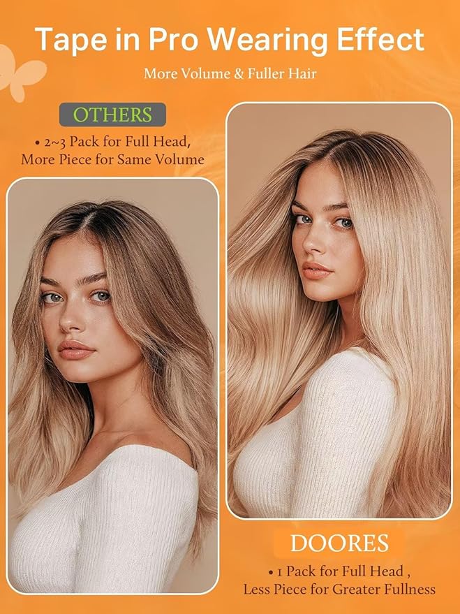 DOORES Hair Extensions Tape in Real Human Hair, Platinum Blonde 80g 18 Inch 20pcs Thick Real Human Remy Tape in Extensions Seamless Straight Thick Ends Remy Natural for Women