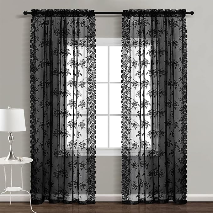 Kotile Black Floral Lace Curtains - Image 2