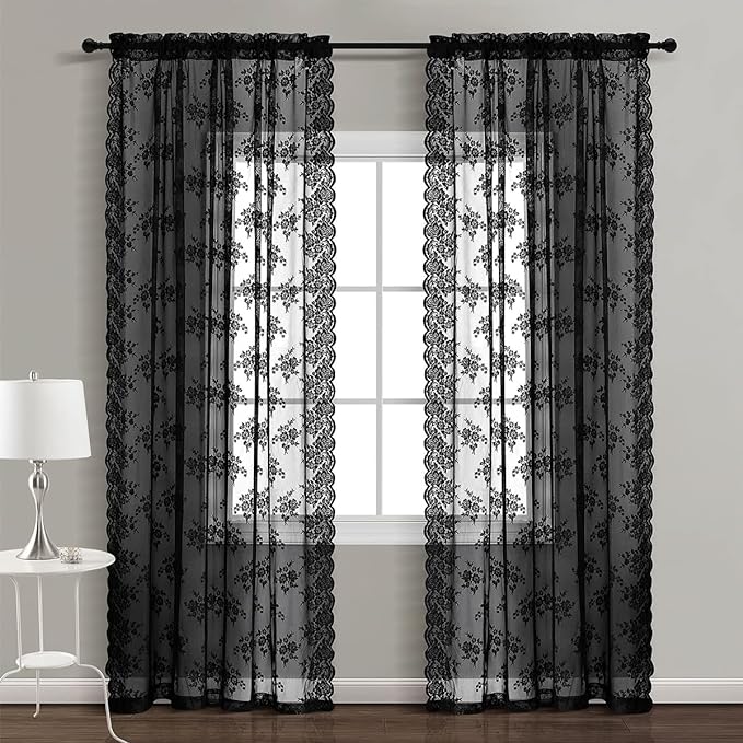 Kotile Black Lace Curtains, Gothic Rustic Floral 52 x 120 Inch, 2 Panels | Rod - Image 2