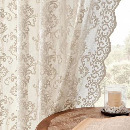Khaki Lace Curtains 63 Inch Length 2 Panels Vintage French Floral Sheer Curtains by FOLKSIDEHomeDecoration