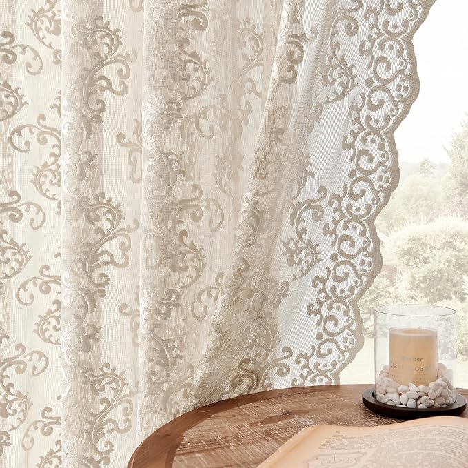 FOLKSIDE Khaki Lace Curtains 96 Inches Long 2 Panels Vintage Floral Sheer - Image 3