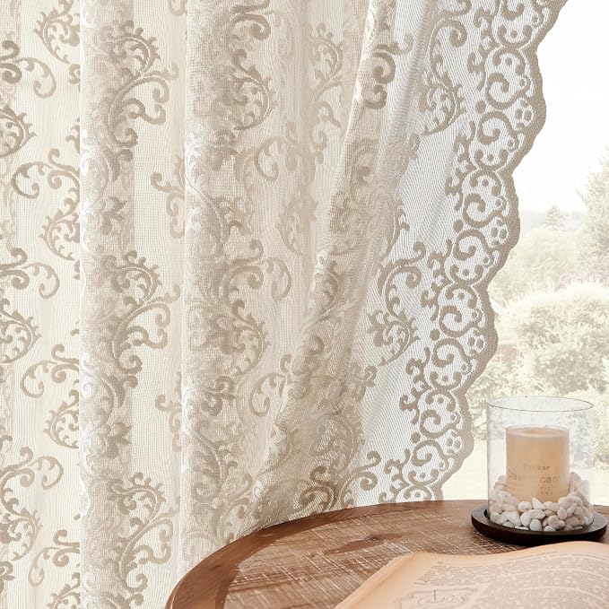 FOLKSIDE Khaki Lace Curtains 84 Inches Long 2 Panels Neutral Paisley Floral by FOLKSIDEHomeDecoration