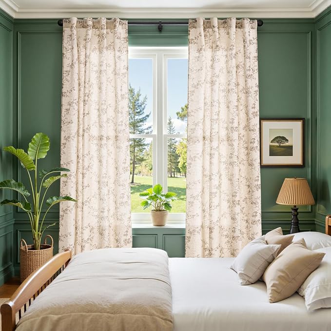 jinchan Taupe Floral Linen Curtains 108 Inch Farmhouse Back Tab 2 Panels | - Image 4