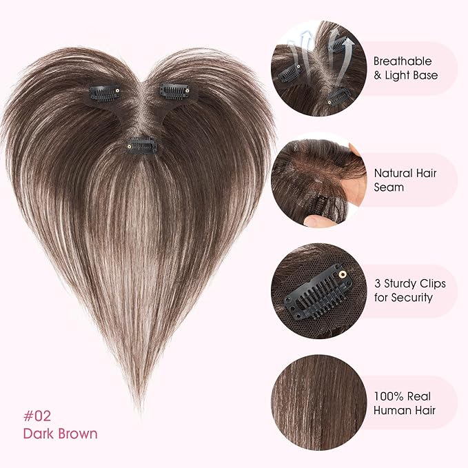 Hairro Human Hair Toppers with Side Bangs, 3D 360° Seamless Real Hair Toppers, Hand-Tied with 3.5"x4.7" T-shaped Base, Clip-In Hairpieces to Add Volume on Top, 11 Inch Dark Brown