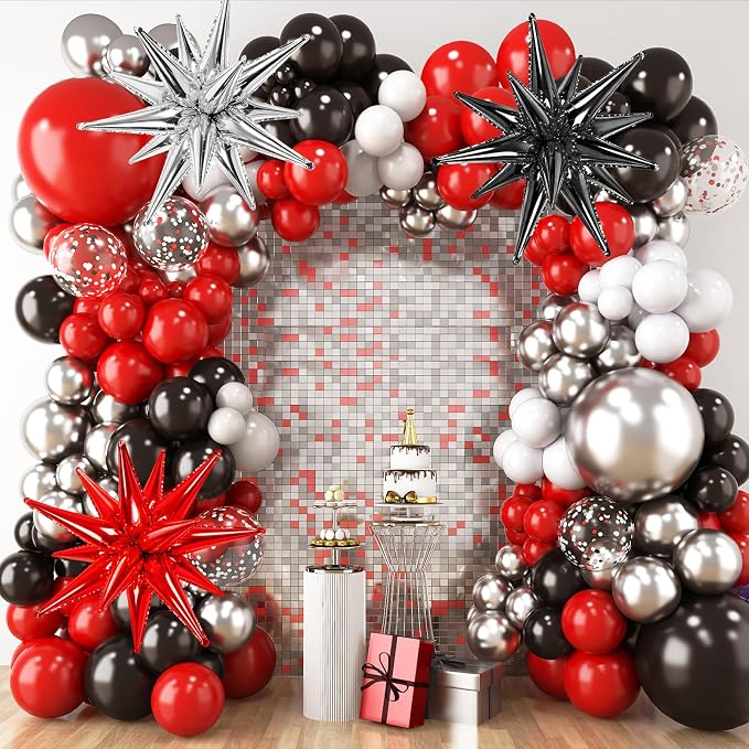RUBFAC Red and Black Balloon Arch Kit 140pcs | Red Black and Metallic Silver by RUBFAC