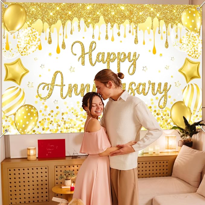 Mocsicka Happy Anniversary Banner White Gold Happy Anniversary Party - Image 2