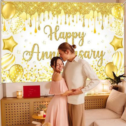 Mocsicka Happy Anniversary Banner White Gold Happy Anniversary Party - Image 2