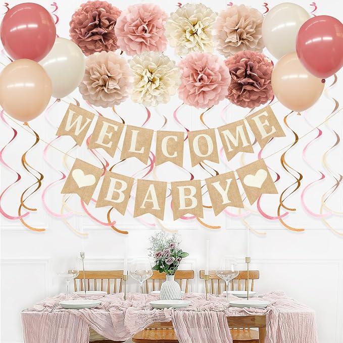 Baby Shower Party Decorations Kit Welcome Baby Heart Burlap Banner - Image 8