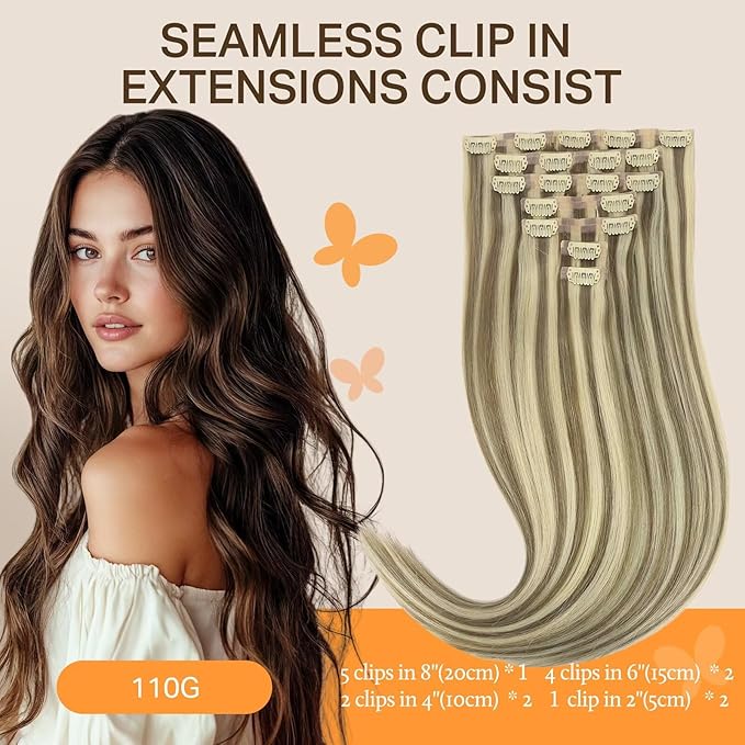 DOORES Seamless Clip in Human Hair Extensions, Light Brown Highlighted Medium Blonde 20 Inch 7pcs 110g, Clip in Straight Remy Invisi Edge Hair Extensions