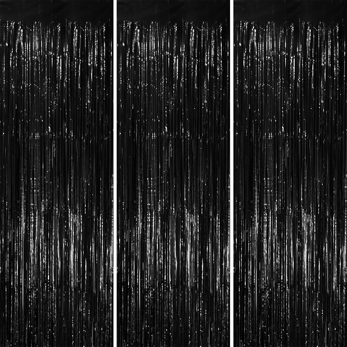 Voircoloria Black Foil Fringe Backdrop Curtains, 3 Pack | Tinsel Streamers by Voircoloria