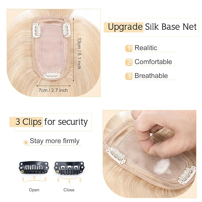 SEGO Hair Toppers for Women Real Human Hair With Bangs, 7 * 13CM Silk Base 100% Remy Clip in Top Wiglet Hairpieces -8 Inch 18P613 Ash Blonde&Bleach Blonde