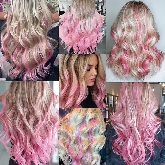 16 Pcs Pink Hair Extensions Curly Wavy Clip in Synthetic Hair Extensions,Colorful Party Highlights Hairpiece Streak for Girls Women Kids Cosplay Party Gift(Pink)