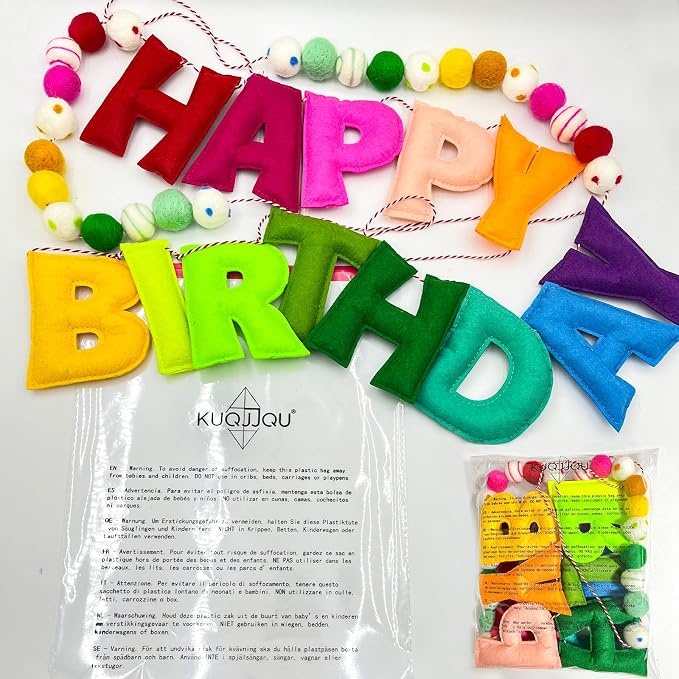Pre-Strung Happy Birthday Banner, Reusable HAPPY BIRTHDAY Felt Ball Garland | - Image 8