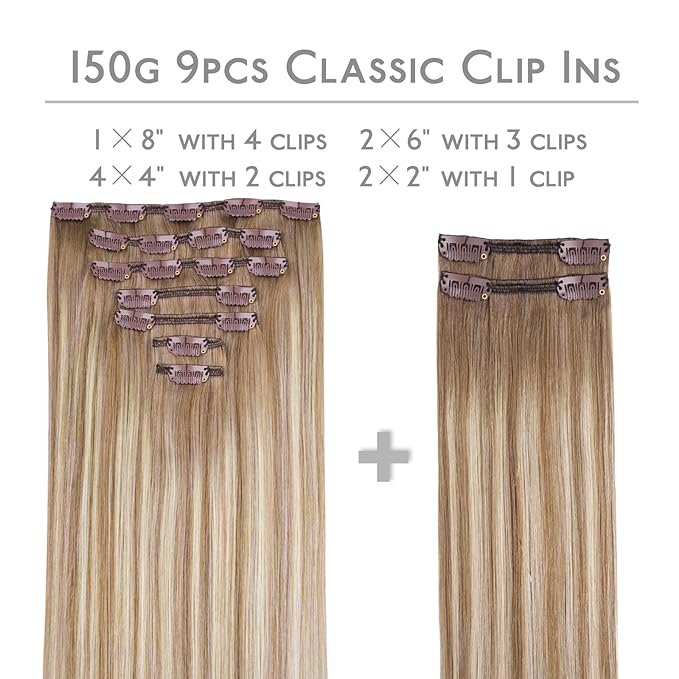 WENNALIFE Clip in Hair Extensions, 150g 14 Inch 9pcs Balayage Dirty Blonde with Platinum Ends Remy Hair Thicker Double Weft Extensiones De Cabello Humano Con Clip Ins Straight Full Volume