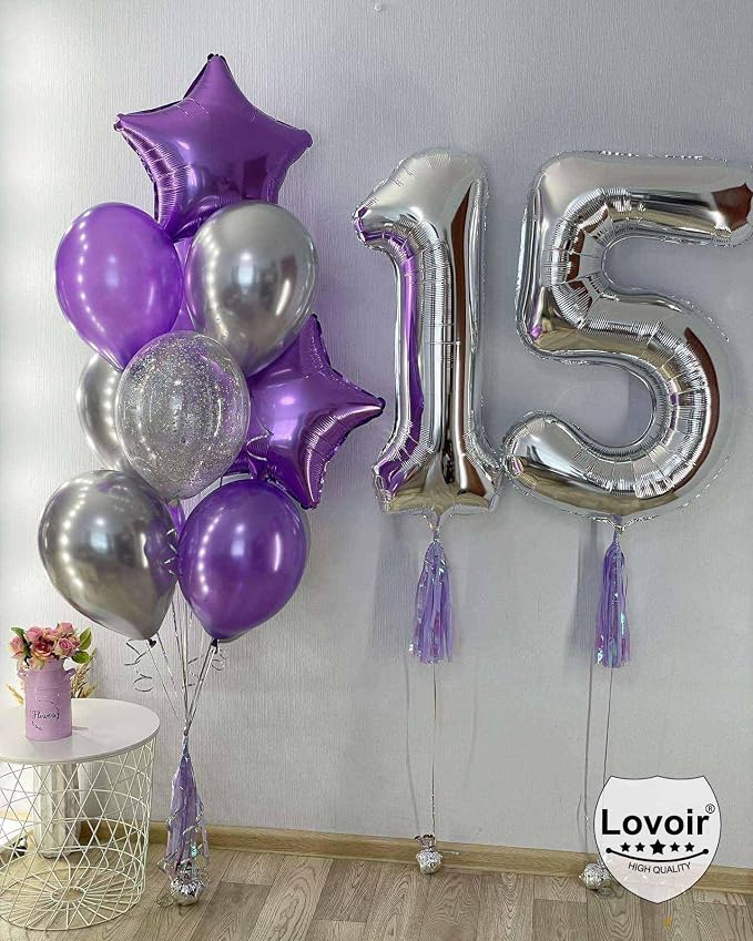 Silver 15 Number Balloons, 40 Inch Giant Number 15 Balloons Foil Mylar Helium - Image 3