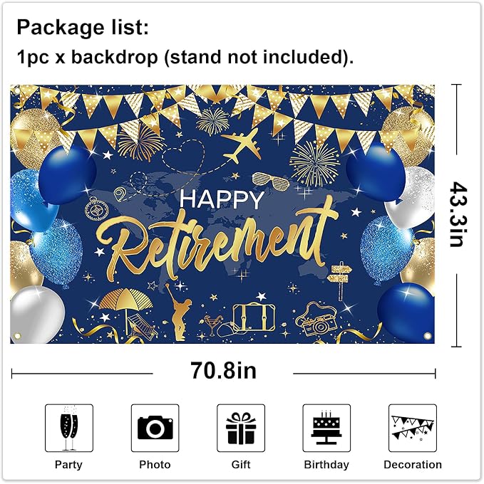 Mocsicka Happy Retirement Party Decorations Backdrop Banner 6x3.6ft | Blue Gold - Image 4