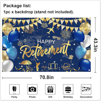 Mocsicka Happy Retirement Party Decorations Backdrop Banner 6x3.6ft | Blue Gold - Image 4
