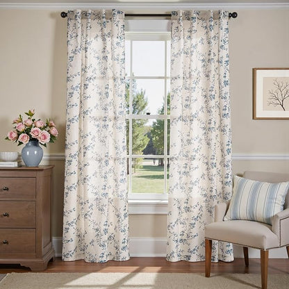 jinchan Blue Floral Linen Curtains 90 Inch Country Drapes Back Tab 2 Panels | - Image 2