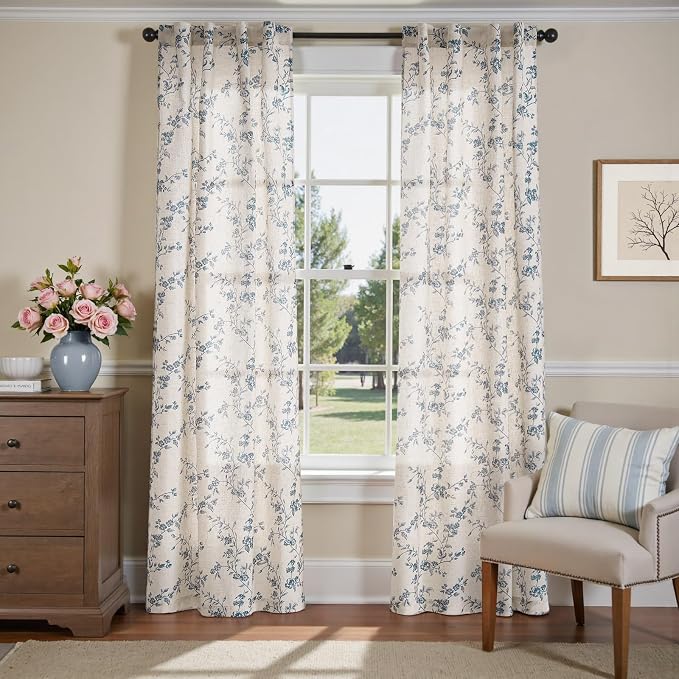 jinchan Blue Floral Linen Curtains 84 Inch Country Drapes Back Tab 2 Panels | - Image 2