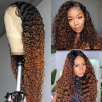Ombre Brown Lace Front Wigs Human Hair Pre Plucked Curly Wave Brazilian Virgin Hair 13X4 HD Transparent Lace Frontal Wigs with Baby Hair 180% Density 24 Inch