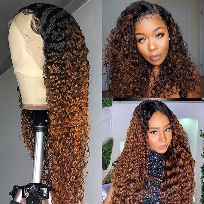 Ombre Brown Lace Front Wigs Human Hair Pre Plucked Curly Wave Brazilian Virgin Hair 13X4 HD Transparent Lace Frontal Wigs with Baby Hair 180% Density 16 Inch