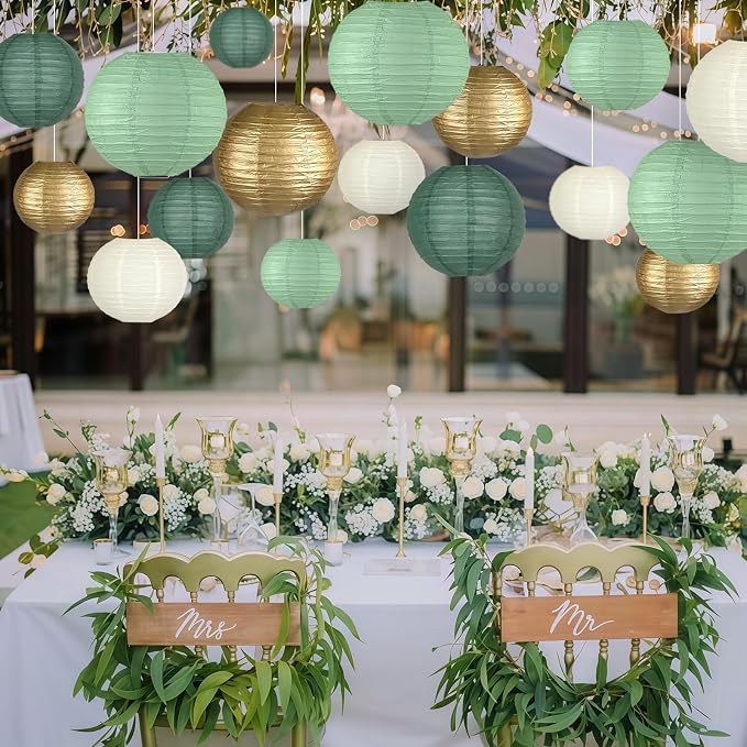 15-Pack Sage Green Gold Paper Lanterns Party Decorations | Assorted 6, 8 & - Image 3