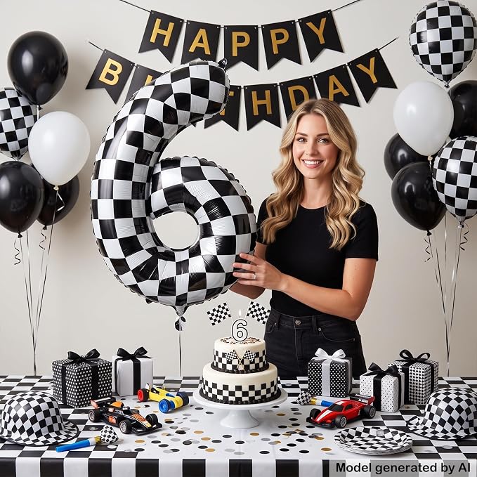 40" Checkered Number 6 Balloon for 6th Race Theme Birthday Party Supplies | 40 - Image 4