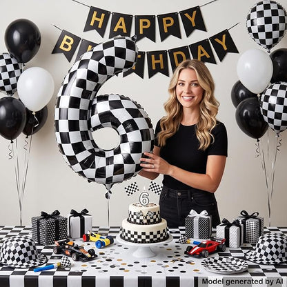 40" Checkered Number 6 Balloon for 6th Race Theme Birthday Party Supplies | 40 - Image 4