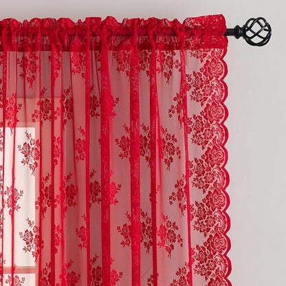 Kotile Red Sheer Lace Curtains for Bedroom Rustic Floral 52x63 Inch 2 Pcs | Rod - Image 3