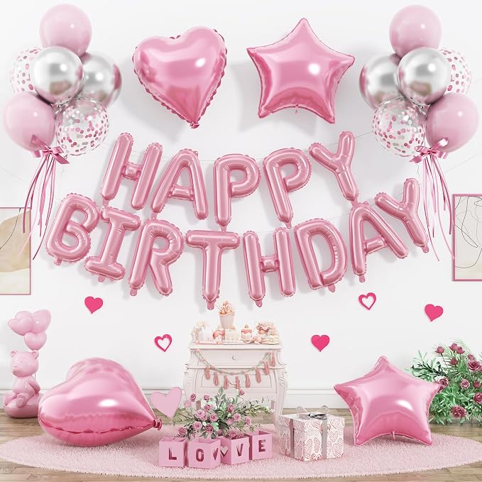 29PC Pastel Pink Happy Birthday Balloons Banner, 16 Inch Aluminum Letter Banner by Paready