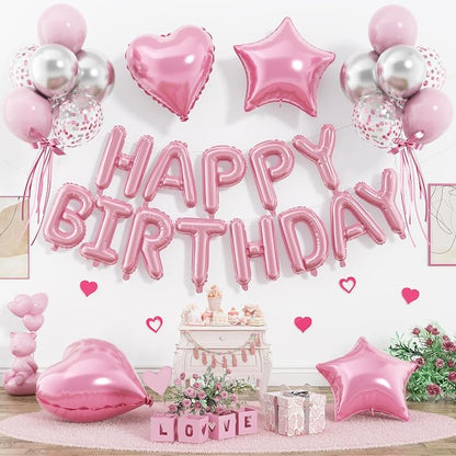29PC Pastel Pink Happy Birthday Balloons Banner, 16 Inch Aluminum Letter Banner by Paready