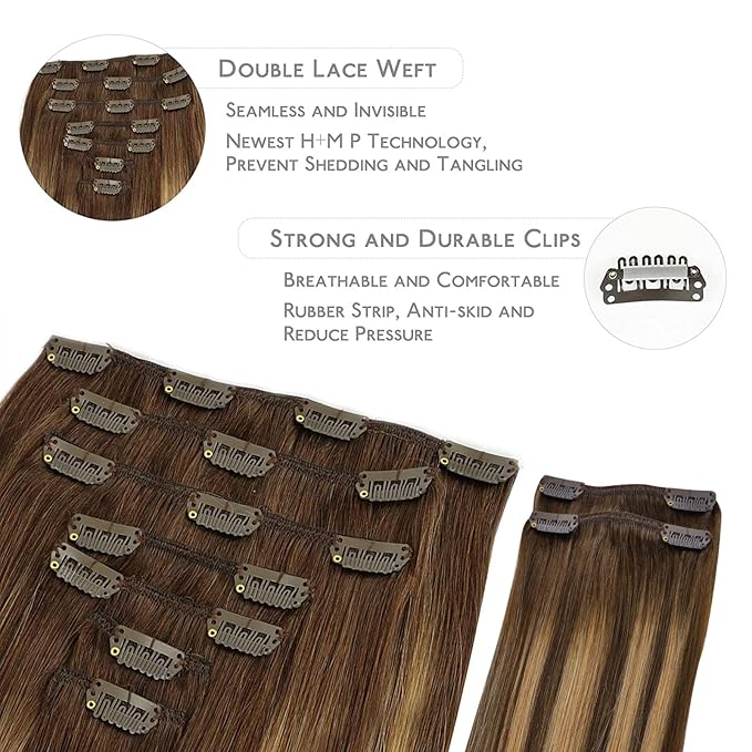 WENNALIFE Clip in Hair Extensions, 150g 20 Inch 9pcs Balayage Chocolate Brown to Honey Blonde Remy Hair Thicker Double Weft Extensiones De Cabello Humano Con Clip Ins Straight Full Volume