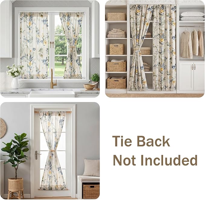 MYSKY HOME Floral Linen French Door Curtains Blue Farmhouse Privacy Door Window - Image 2