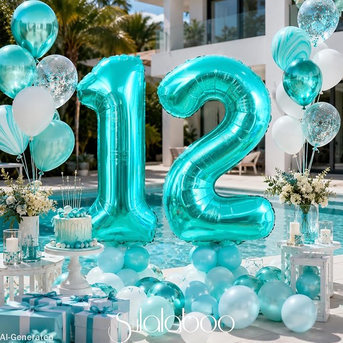 40 Inch Big Teal Blue Number 12 Foil 0-9 Mylar Helium Balloons | Large Digital - Image 5