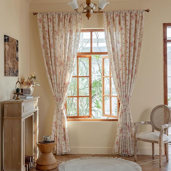 ENJOYBRIDAL Pink Floral Curtains 84 Inches Long 2 Panels Boho Tassel Drapes - Image 7