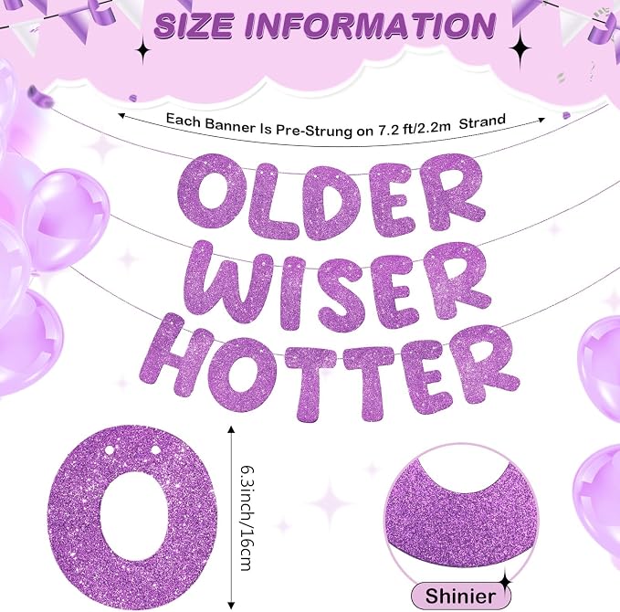 Fulmoon Set of 3 Pre Strung Older Wiser Hotter Glitter Banner Funny Birthday - Image 3