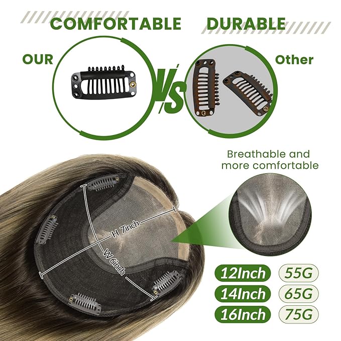Hair Toppers for Women Real Human Hair, 6x7 inch Larger Silk Base 150 Density 75 grams 16inch Clip In Topper Hair pieces Dark Brown to Dirty Blonde Wiglet Top Pieces Add Volume（#2618 16inch）
