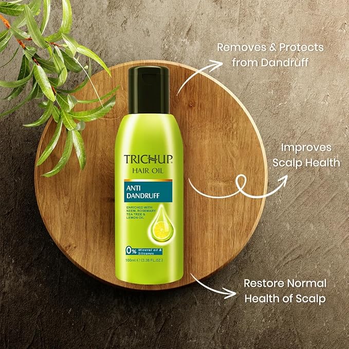 TRICHUP Anti-Dandruff Hair Oil with Tea Tree & Neem | Herbal Scalp Oil for Flaky, Itchy Scalp Relief | Ayurvedic Scalp Care | Deep Nourishment for hair care | Non-Greasy - 3.38 fl oz (Pack of 2)
