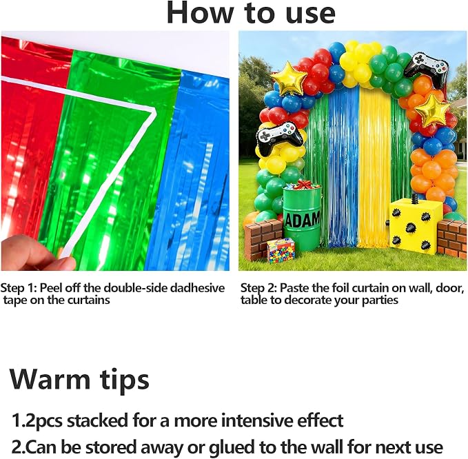 4 Packs Blue Red Green Yellow Foil Fringe Curtain, Baby Shower, Video Game - Image 8