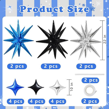 TONIFUL 22Inch 18Pcs Black Blue Silver Explosion Star Mylar Balloons and 10Inch - Image 2