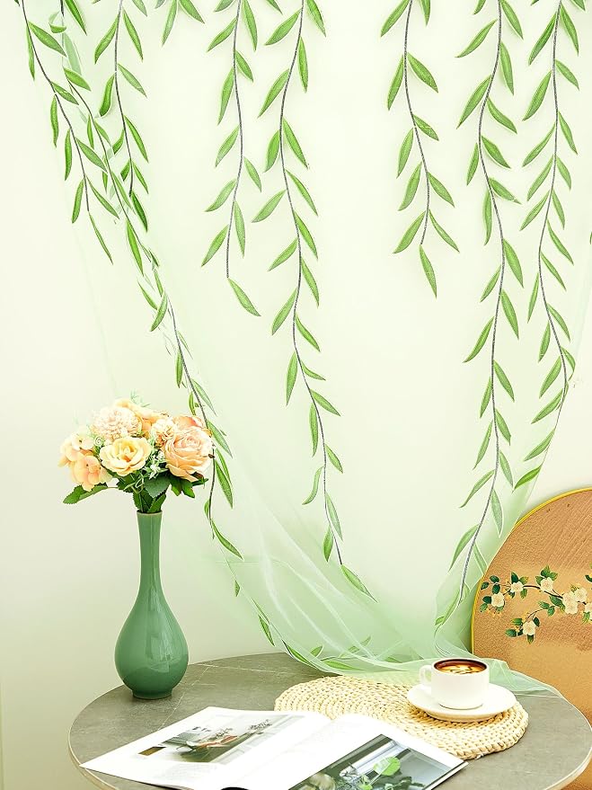 Willow Voile Curtains Cute Green Sheers Leaf Tulle Vine Window Sheers Ivy - Image 5