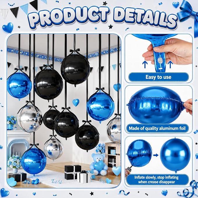 Black Blue Silver Round Foil Balloons - Image 8